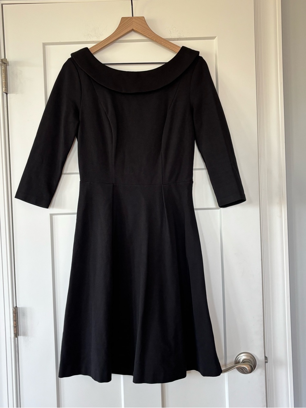 Boden US 4R Black Midi Fit-and-Flare Dress Peter Pan Collar Ponte Knit Back Zip